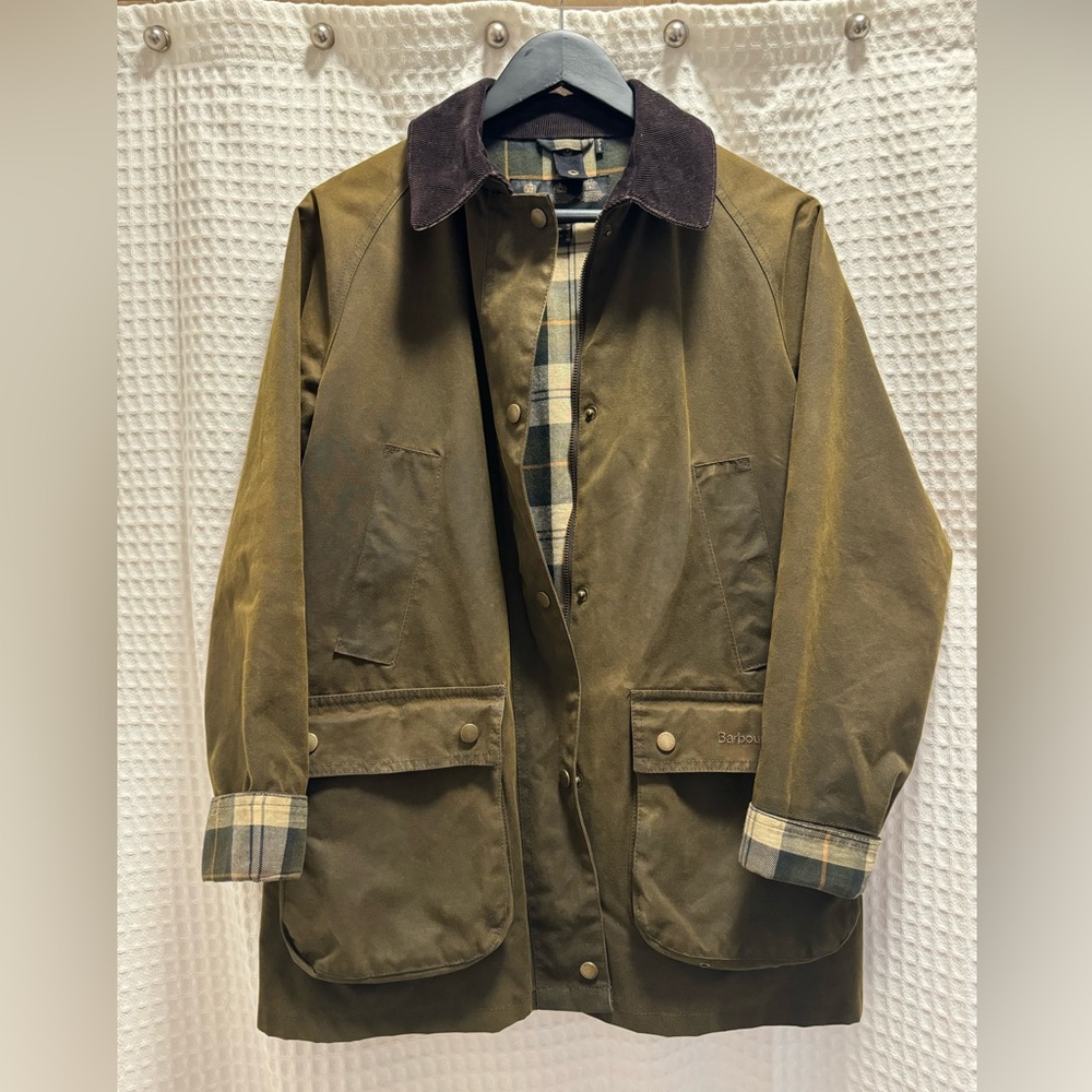 Barbour Olive Jacket with Brown Corduroy Collar and Tartan Lining